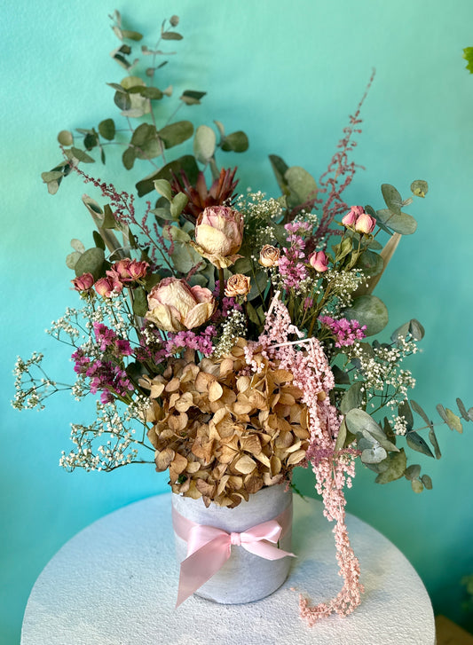 Potted pink dried arrangement